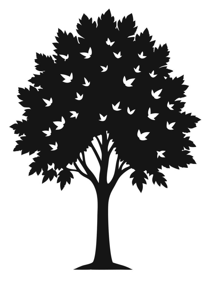 Tree Silhouette With Leaves And Birds vector