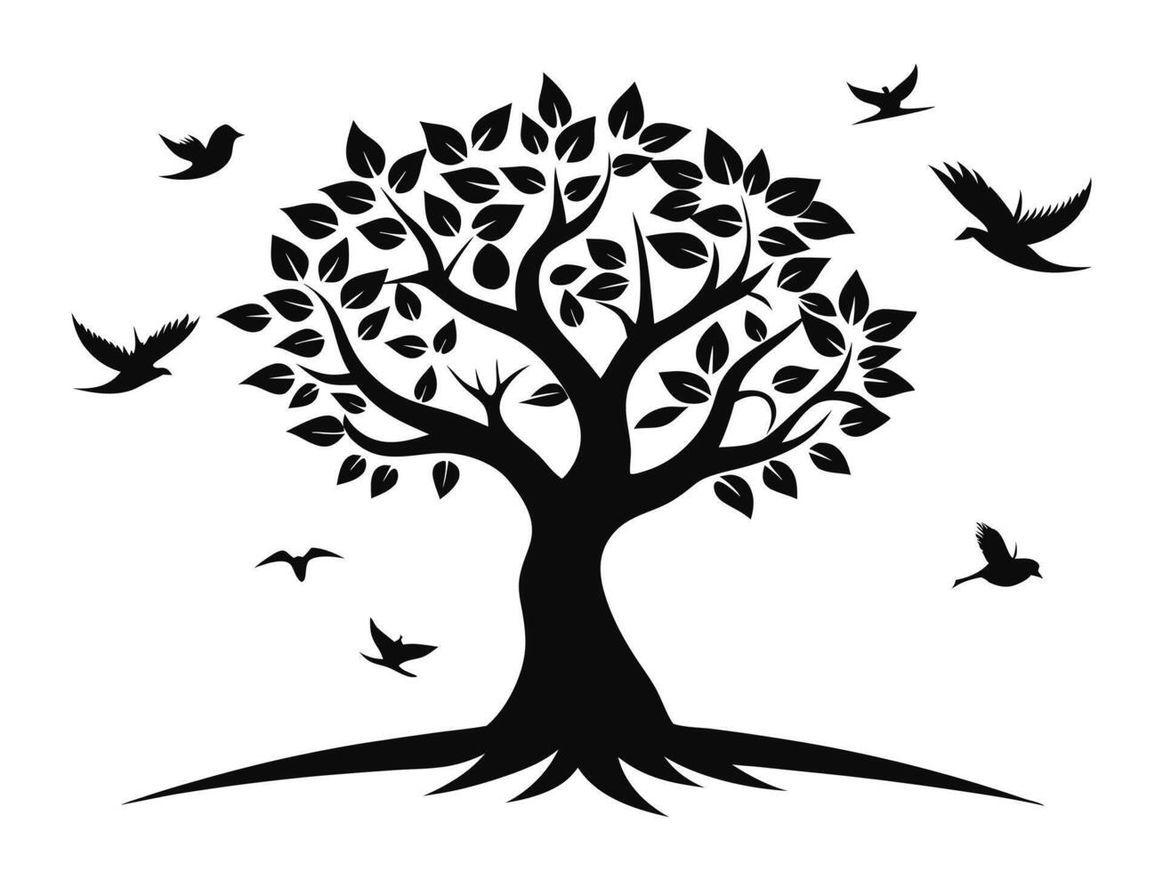 Silhouette Tree With Flying Birds vector