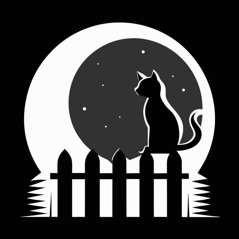 Cat silhouette on fence under moon vector