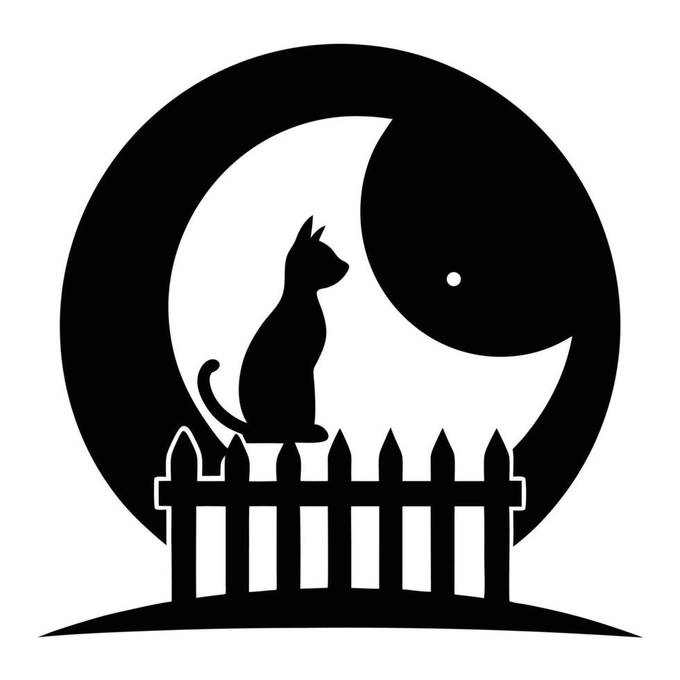 Cat silhouette moon fence night scene vector