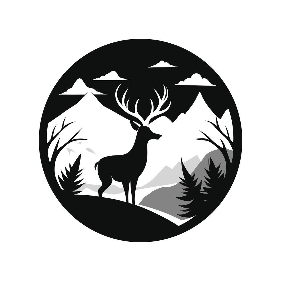 Deer silhouette in mountain landscape circle vector