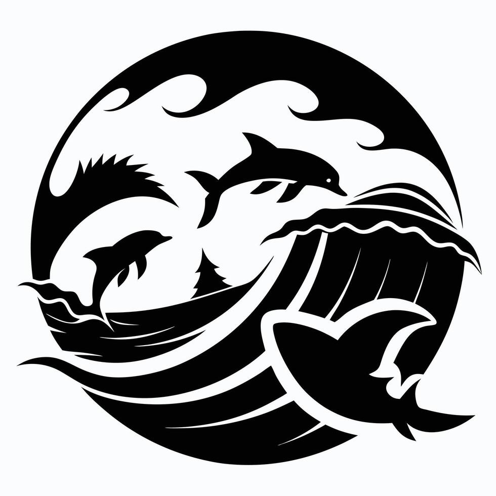 Dolphins leaping through waves in black vector
