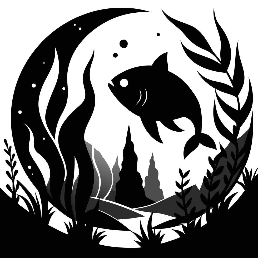 Black and white underwater fish scene vector