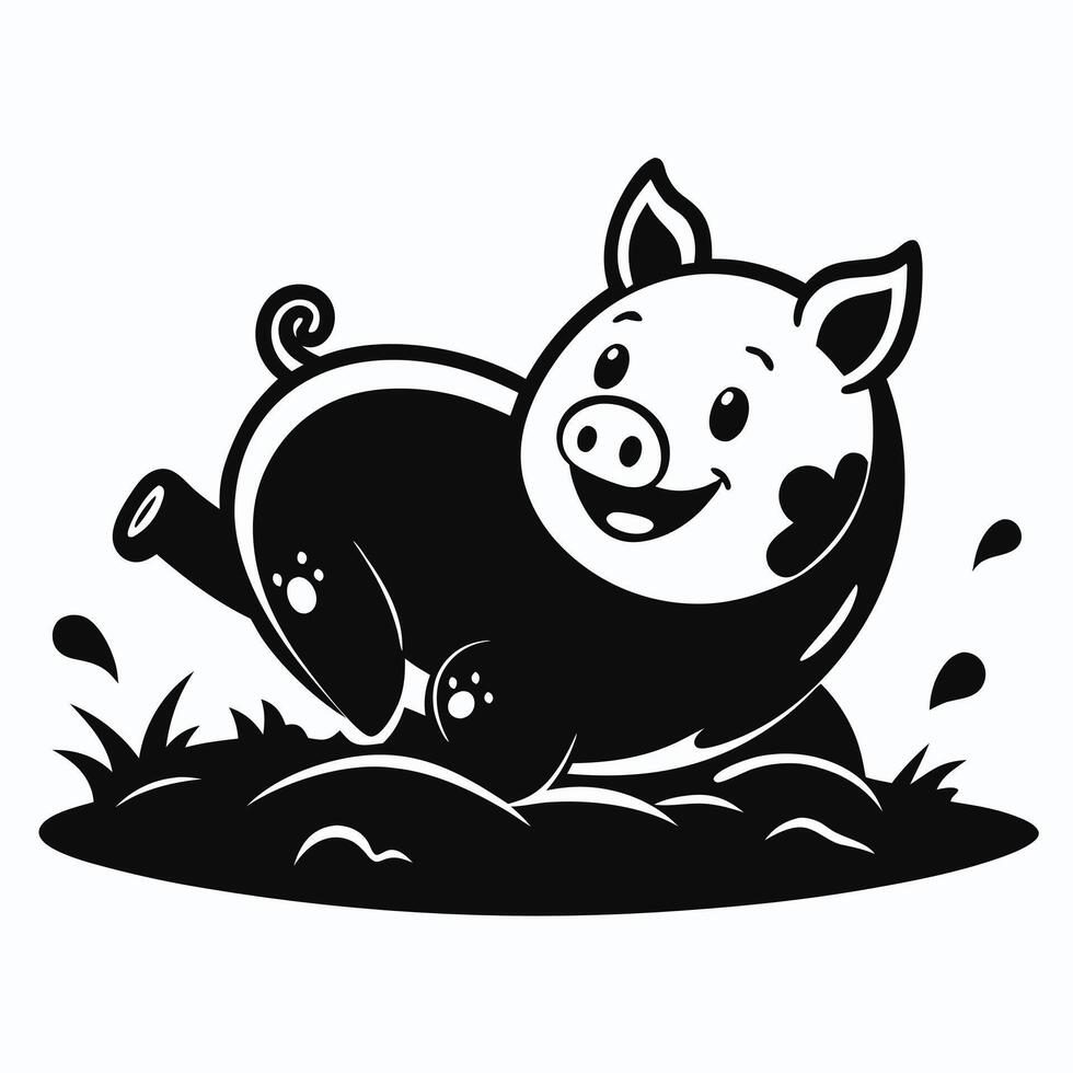 Cheerful pig rolling in muddy grass vector