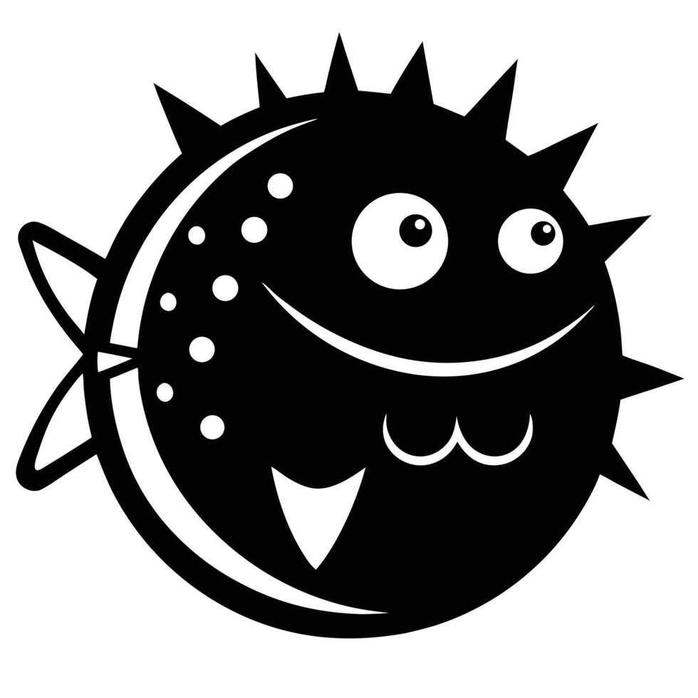 Happy cartoon pufferfish illustration black and white vector