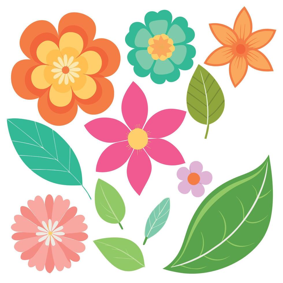A set of colorful flowers and leaves vector