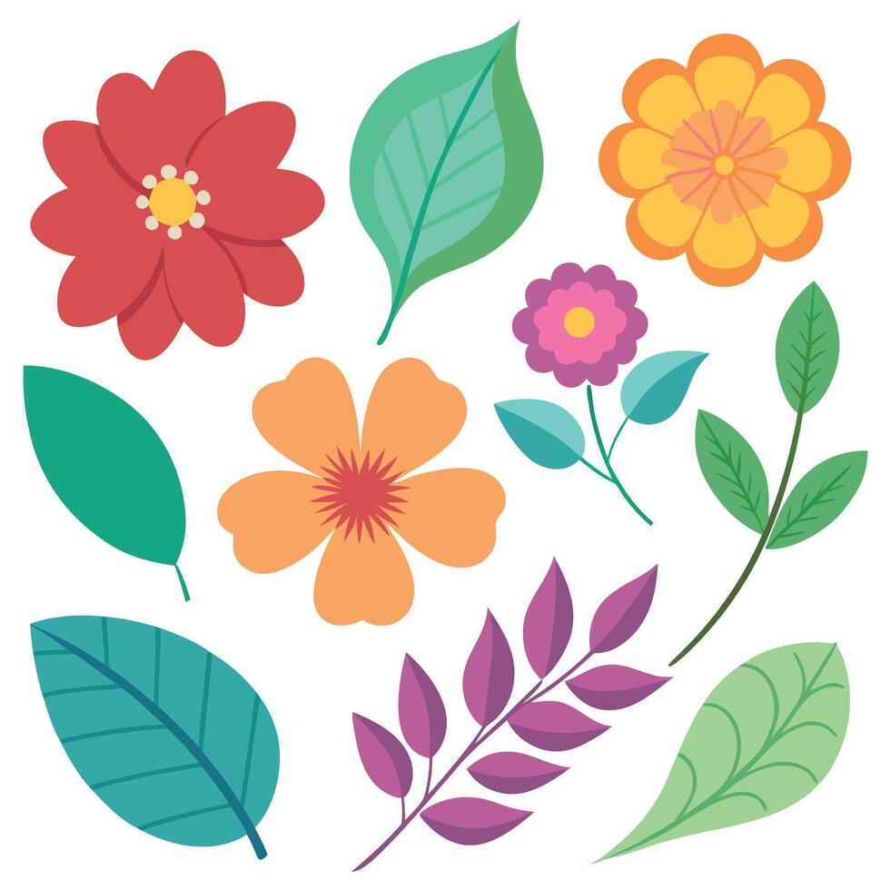 Various flowers and leaves on a white background vector