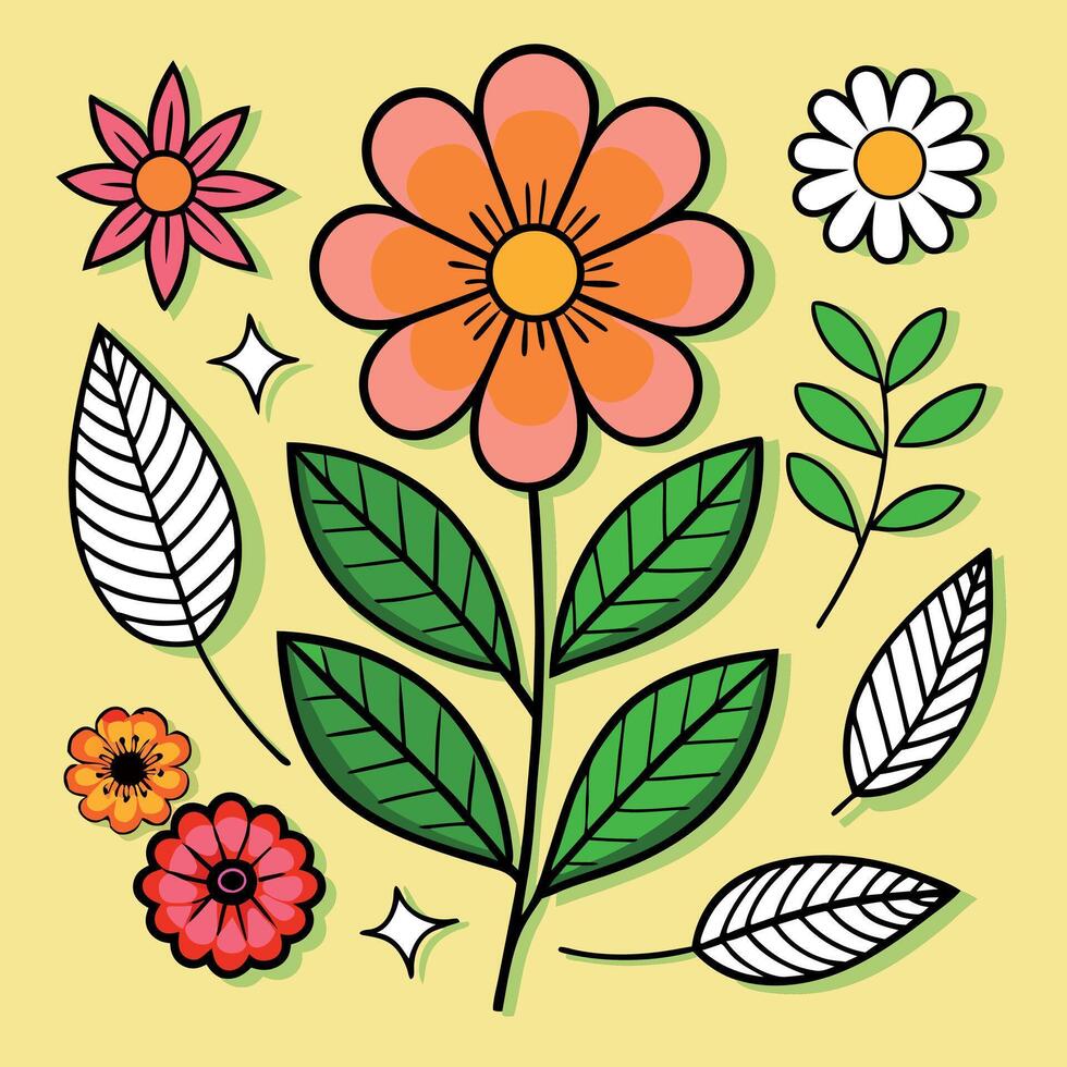 illustration of flowers and leaves on yellow background vector