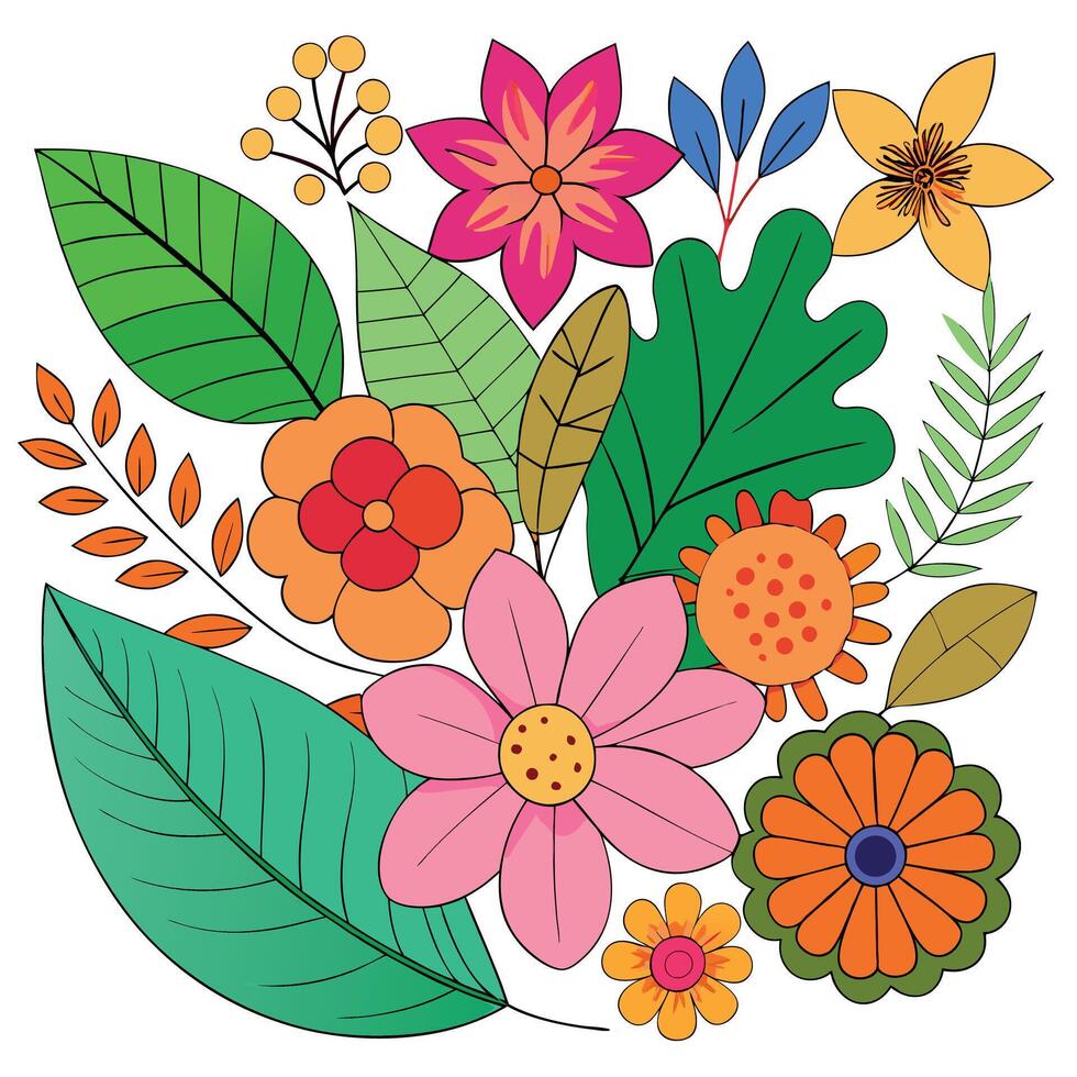 Colorful flowers and leaves on white background vector