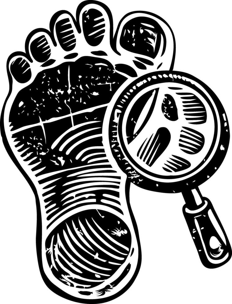A vintage illustration showing a footprint with magnifier vector