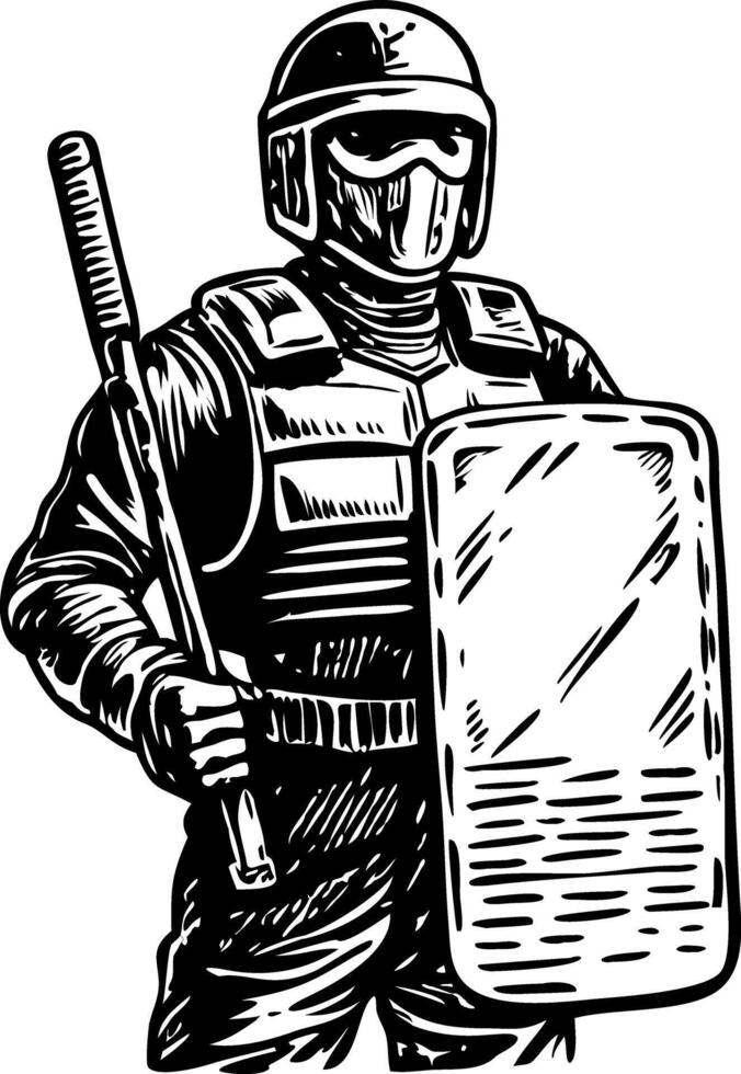A vintage illustration depicting riot office hoding shield and baton vector