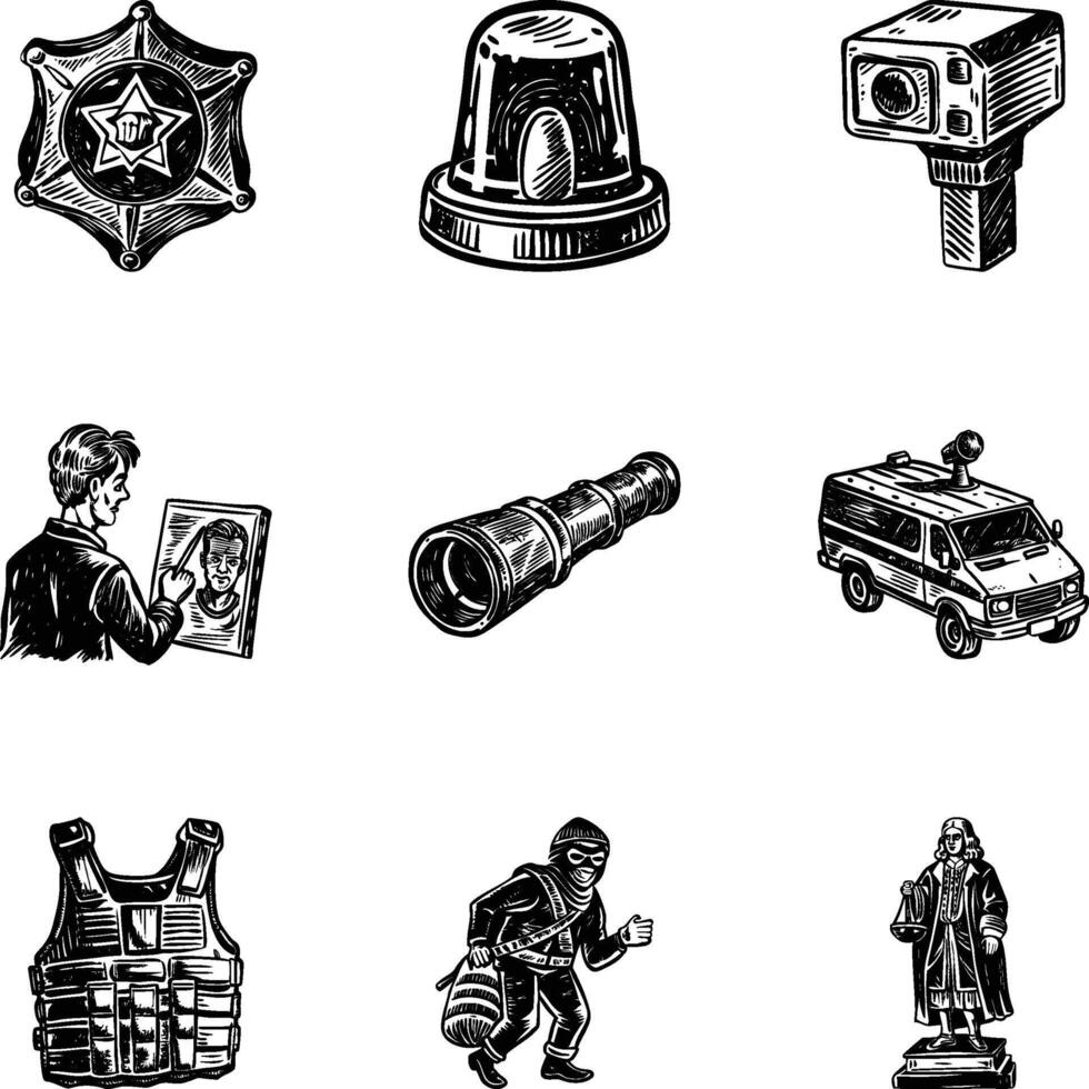 Set of 09 Law and Court Vintage Style Illustrations vector