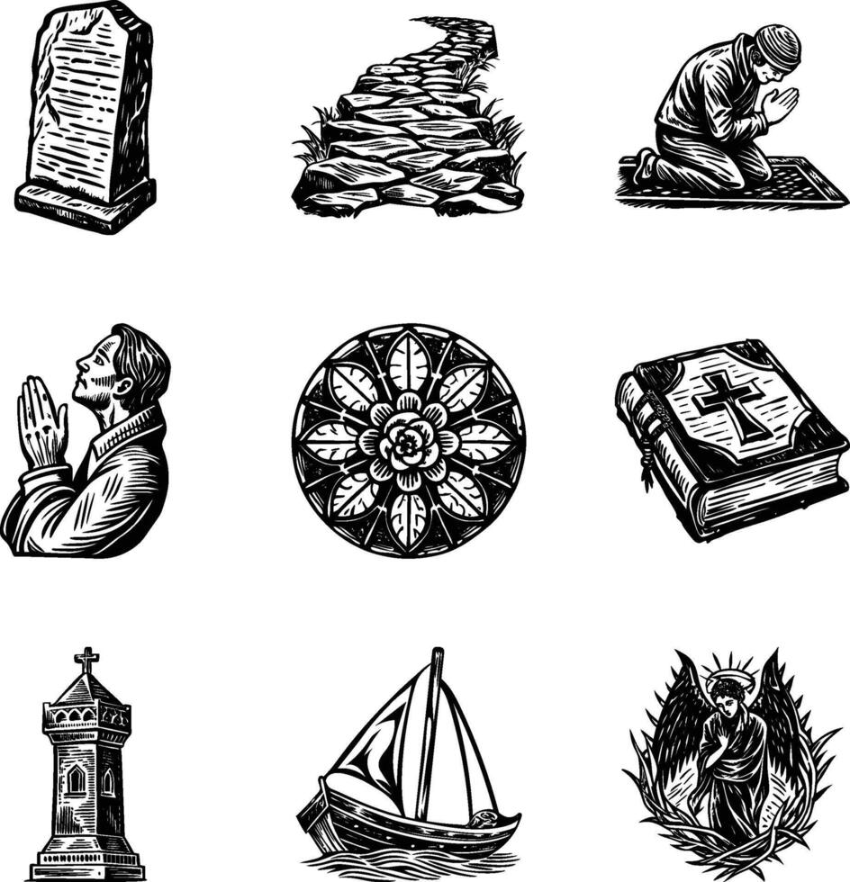 Set of Vintage Style Holy Church and Christianity Illustrations vector
