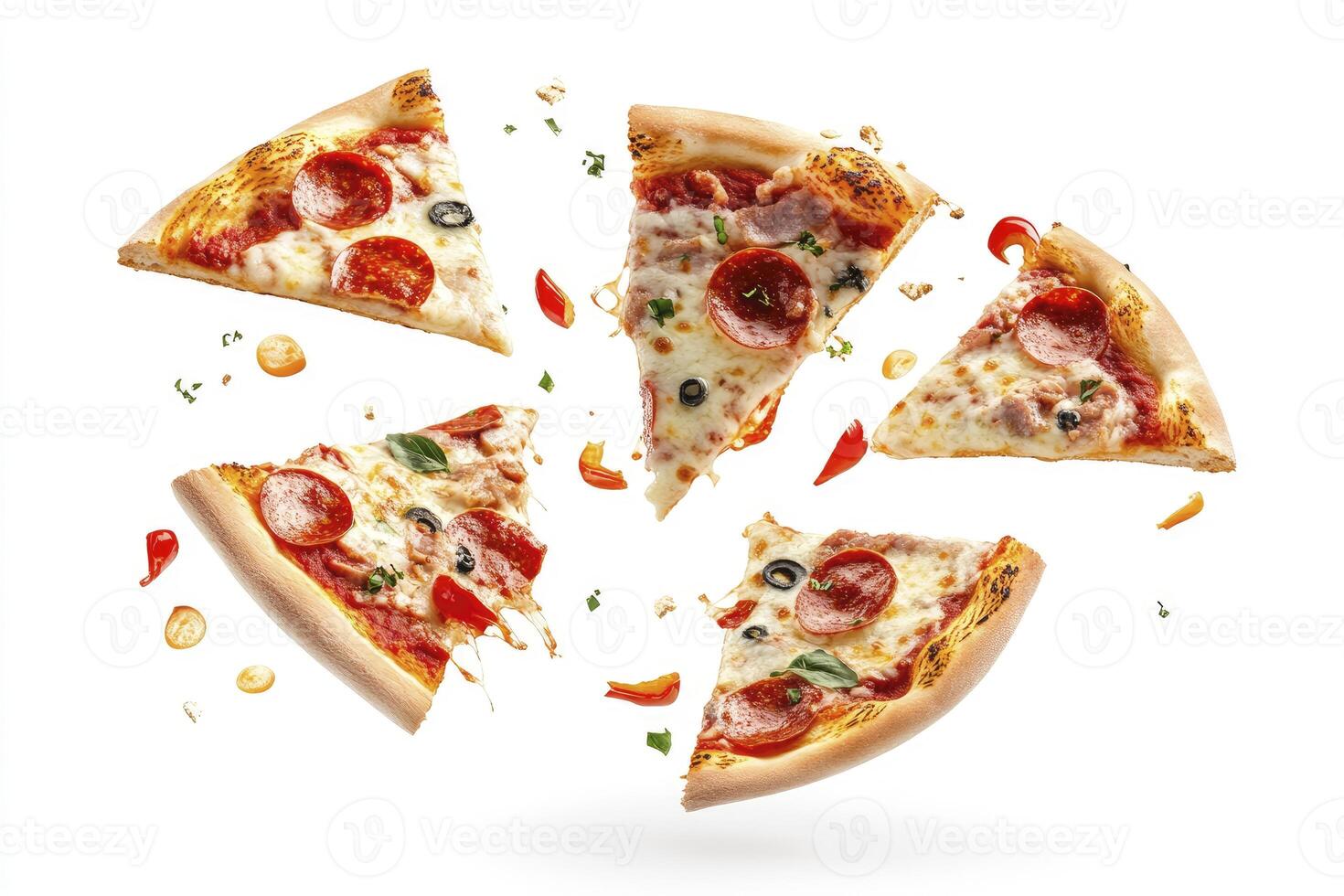 Delicious Pepperoni Pizza Slices Floating on White Background with Chili Toppings photo