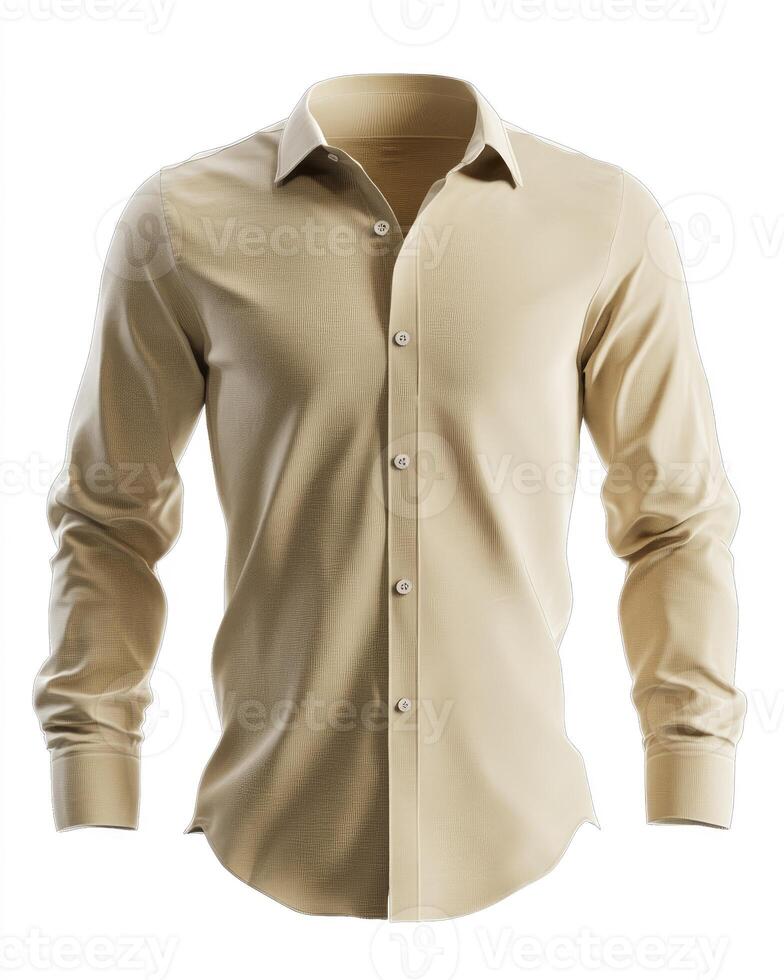Beige Button-down Dress Shirt with Long Sleeves on White Background photo