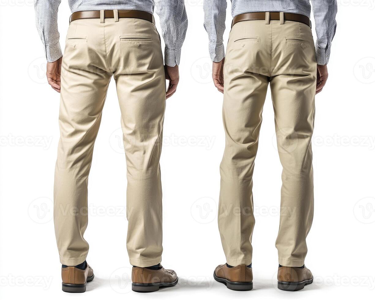 Showing Two Men Wearing Tan Khaki Pants with Brown Leather Belt photo