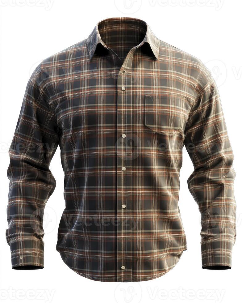Plaid Button-down Shirt in Gray and Brown Isolated on White Background photo