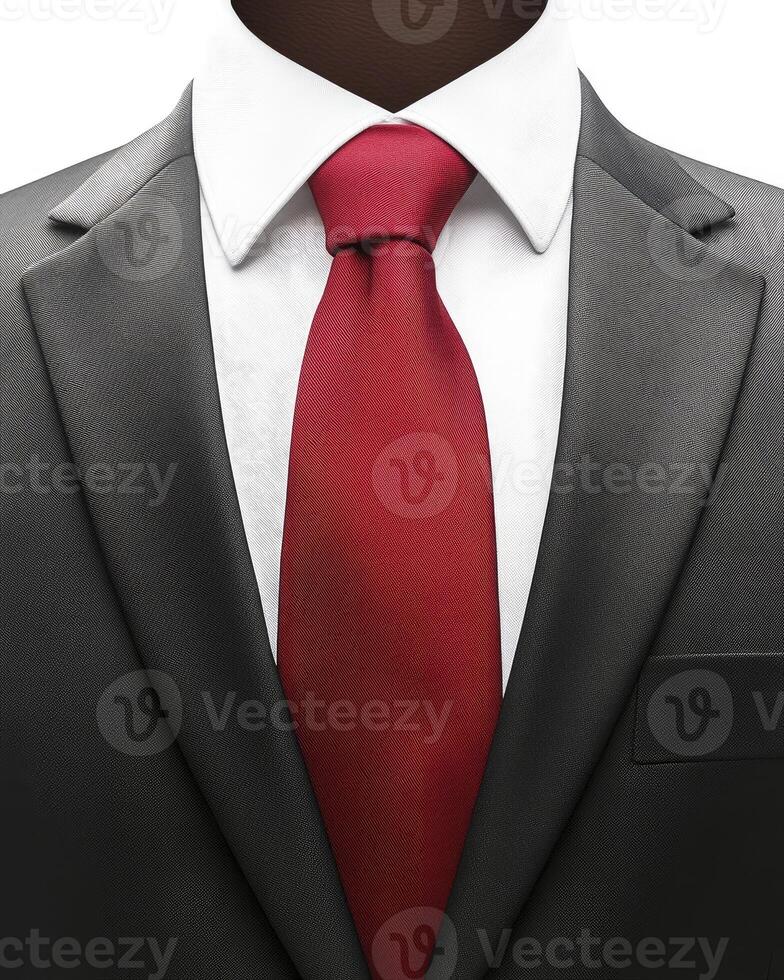 Close-up of Formal Black Suit with Red Tie on White Shirt photo