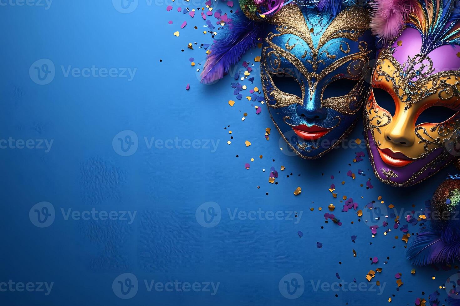 Elegant Mardi Gras Celebration Masks with Colorful Feathers and Glitter on Blue Background for Festive Design photo