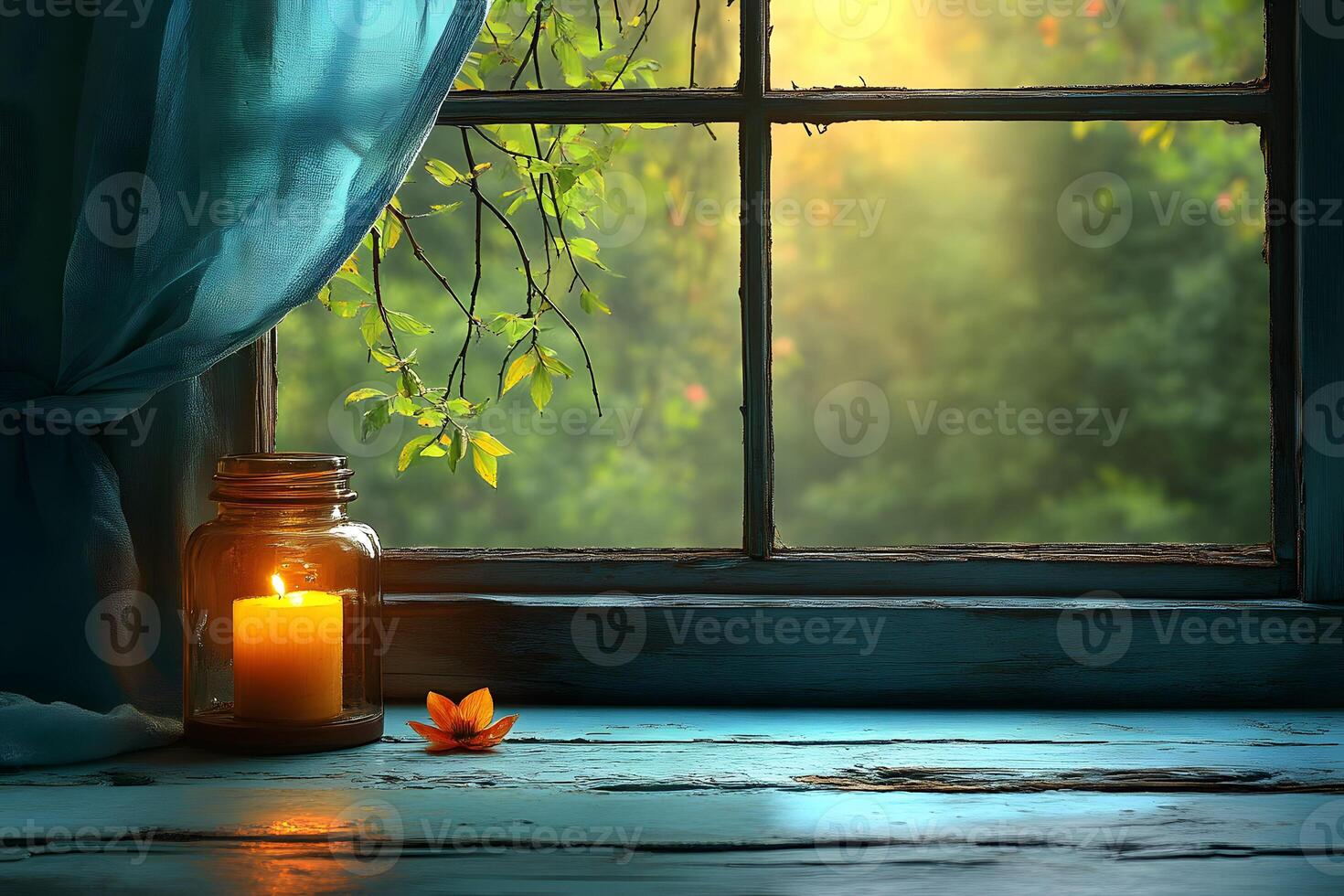 Cozy Candlelit Window with Natural Serenity for Tranquil Home Decor photo