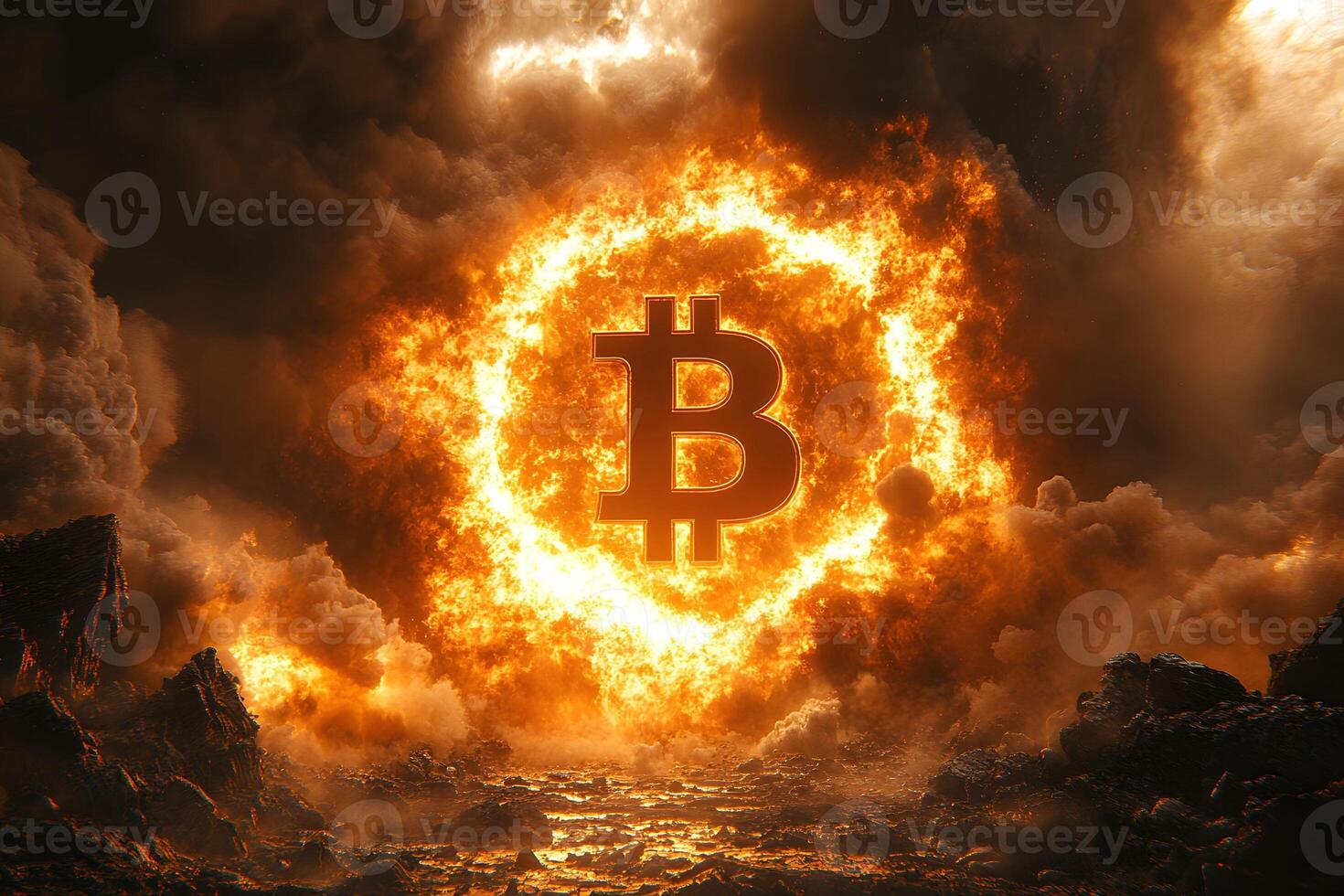 Fiery Bitcoin Symbol Illuminating Volcanic Landscape for Cryptocurrency Poster Design photo