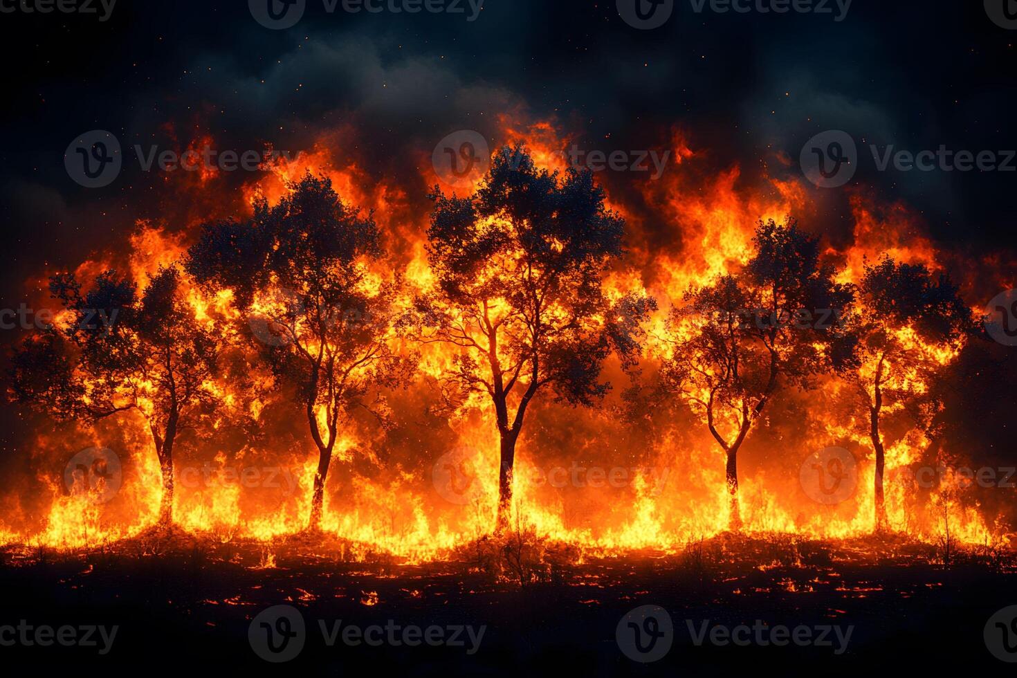 Intense Forest Fire at Night - Environmental Impact and Emergency Response Concept photo