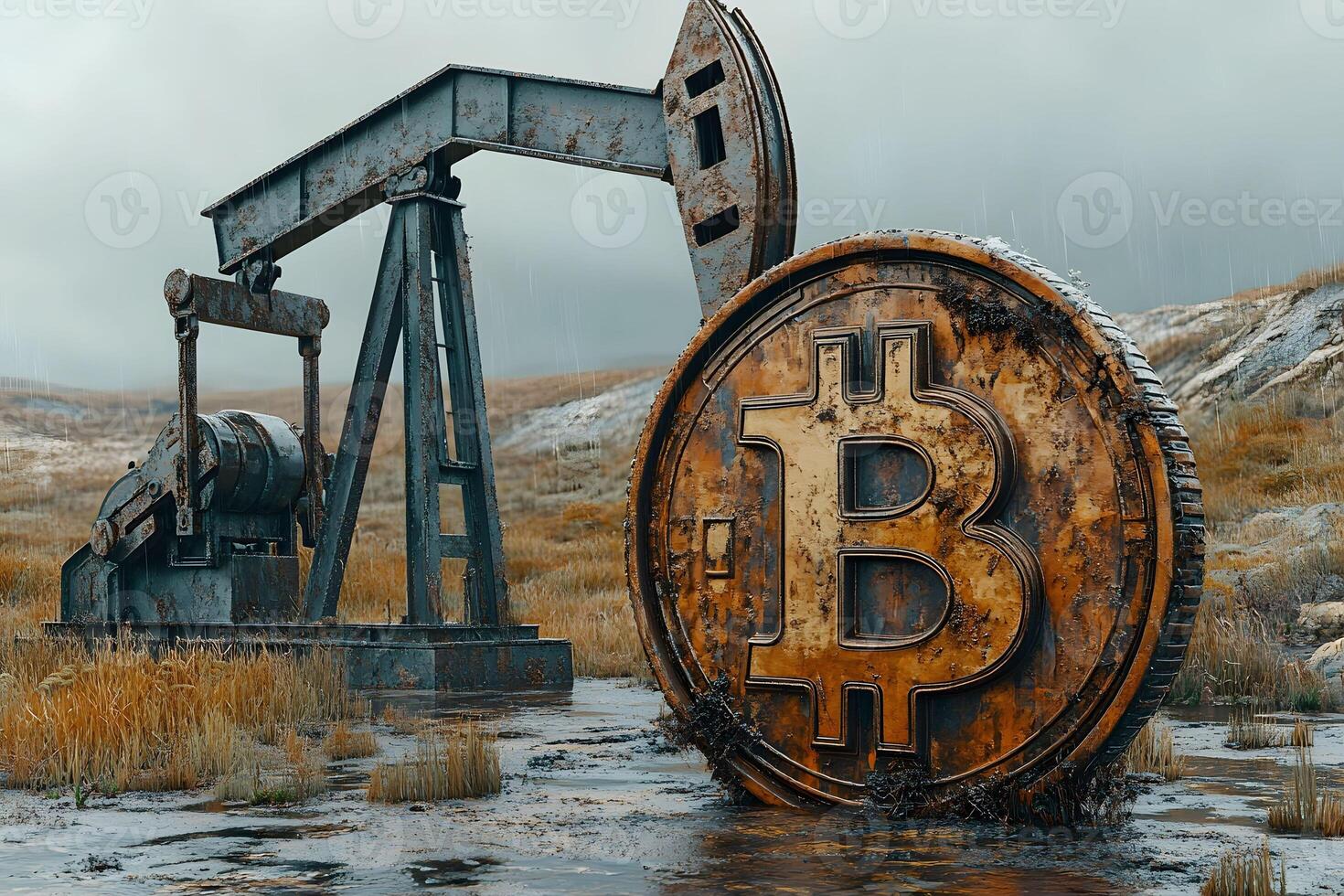 Bitcoin Mining Conceptual Image Featuring Oil Pump and Cryptocurrency Symbol photo