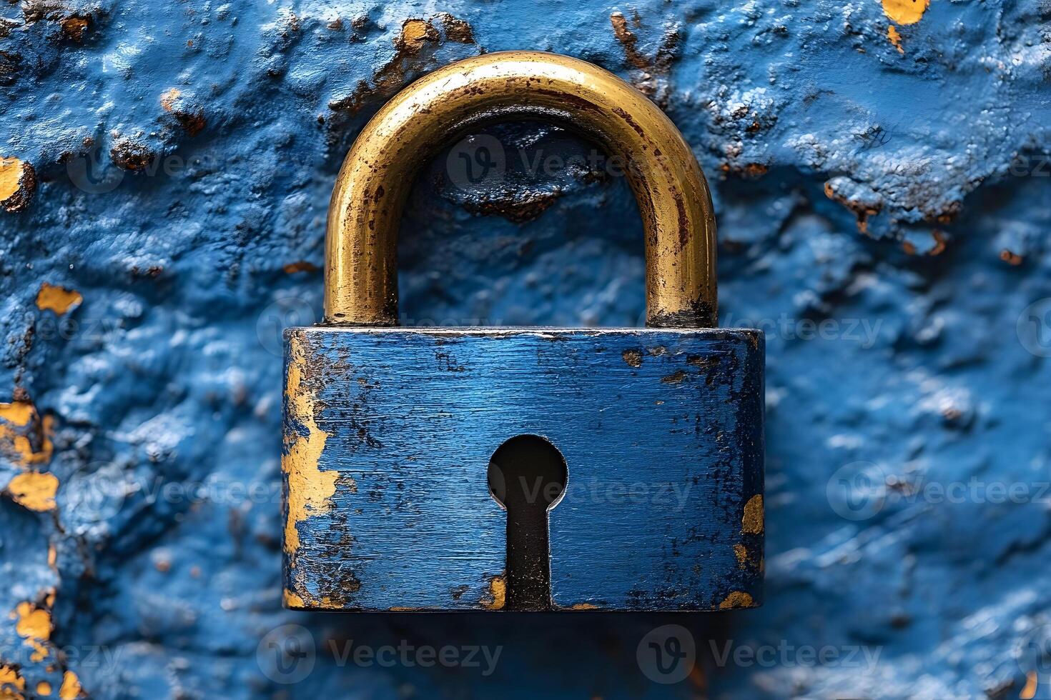 Rustic Blue Padlock on Weathered Surface for Security Themes photo