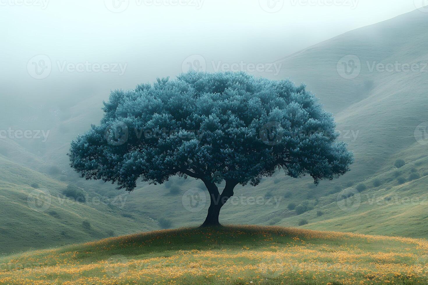Solitary Tree in Misty Valley with Lush Green Hills and Wildflowers photo