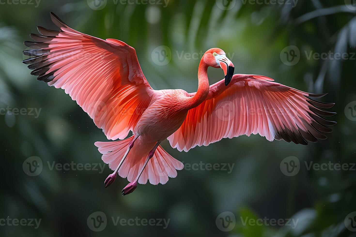 Vibrant Flamingo in Flight Amidst Lush Greenery for Wildlife Photography photo