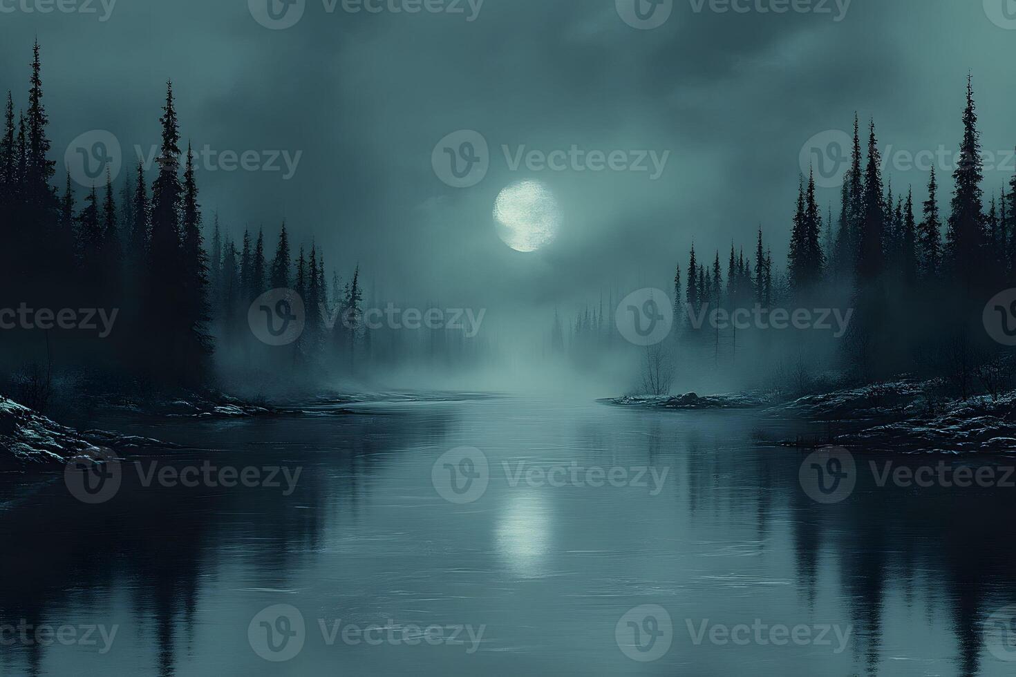 Mystical Moonlit Forest River - Eerie Nature Scene for Dark Themed Design photo