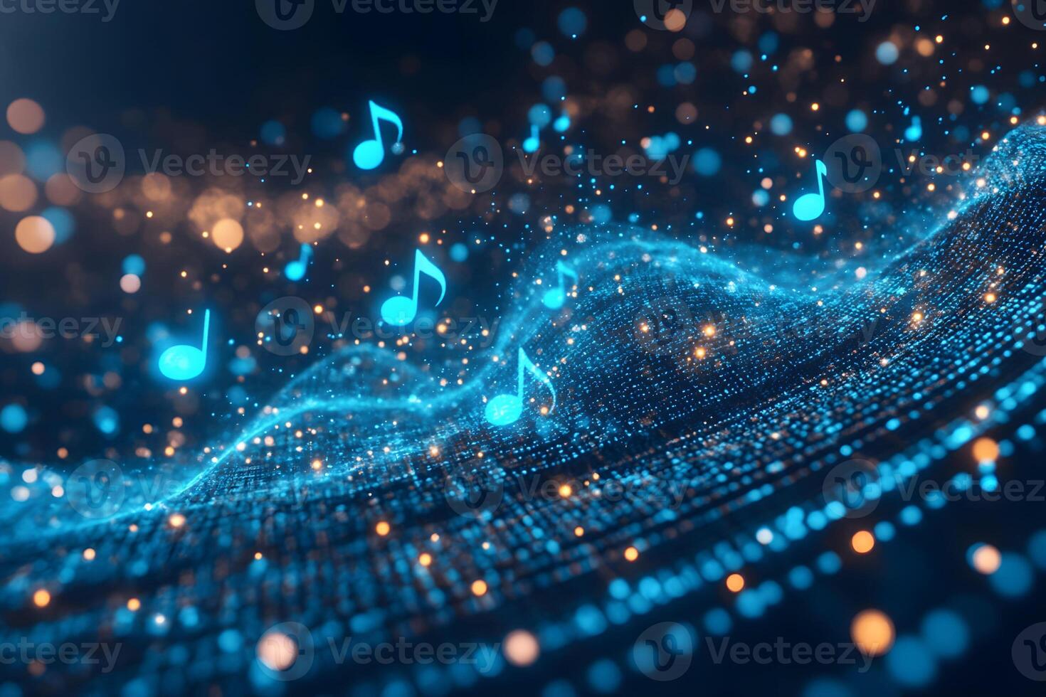 Digital Music Waves and Glowing Notes Background for Multimedia Design photo