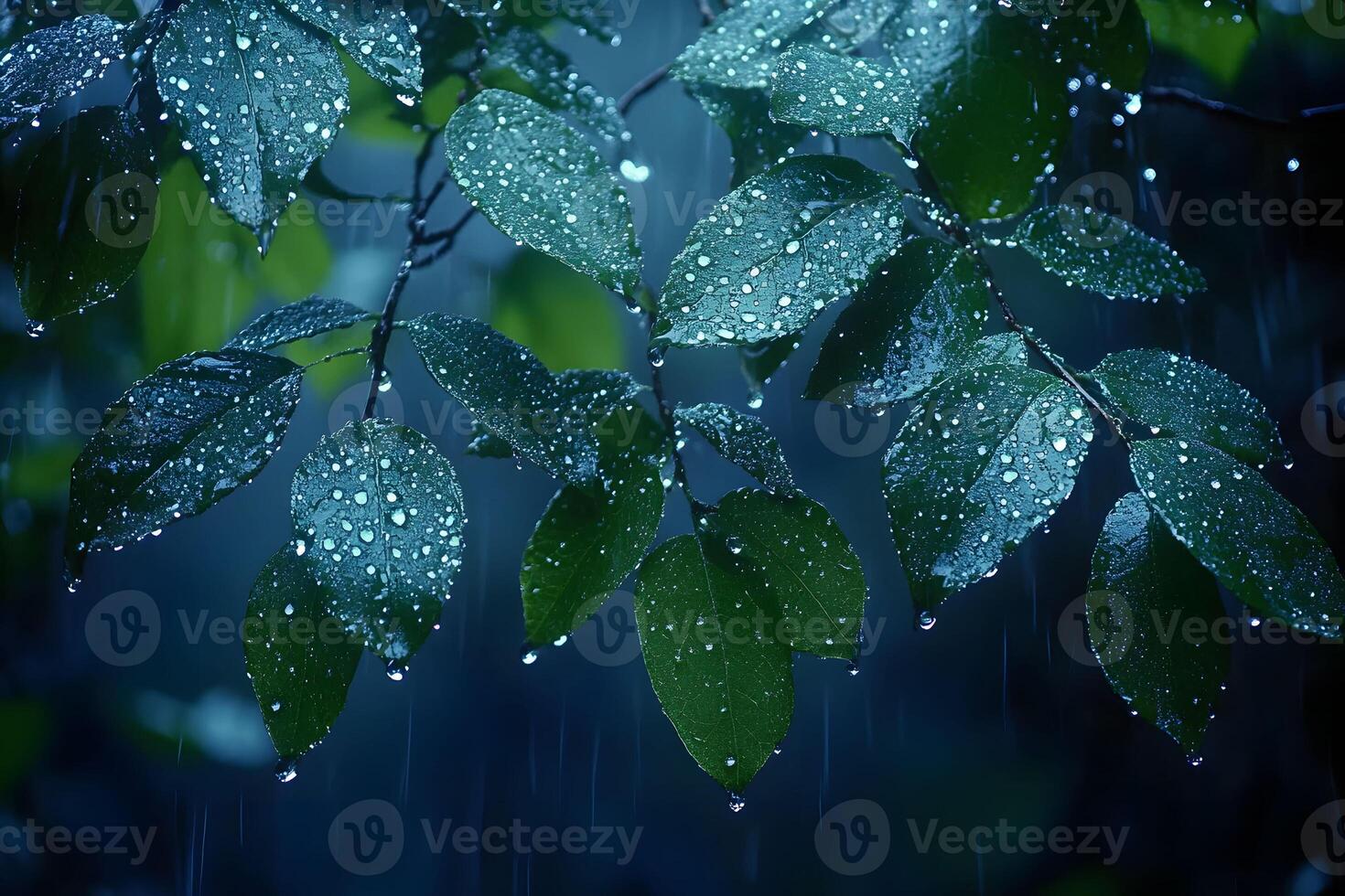 Serene Rain-Drenched Leaves in Soft Blue Light for Nature Photography photo