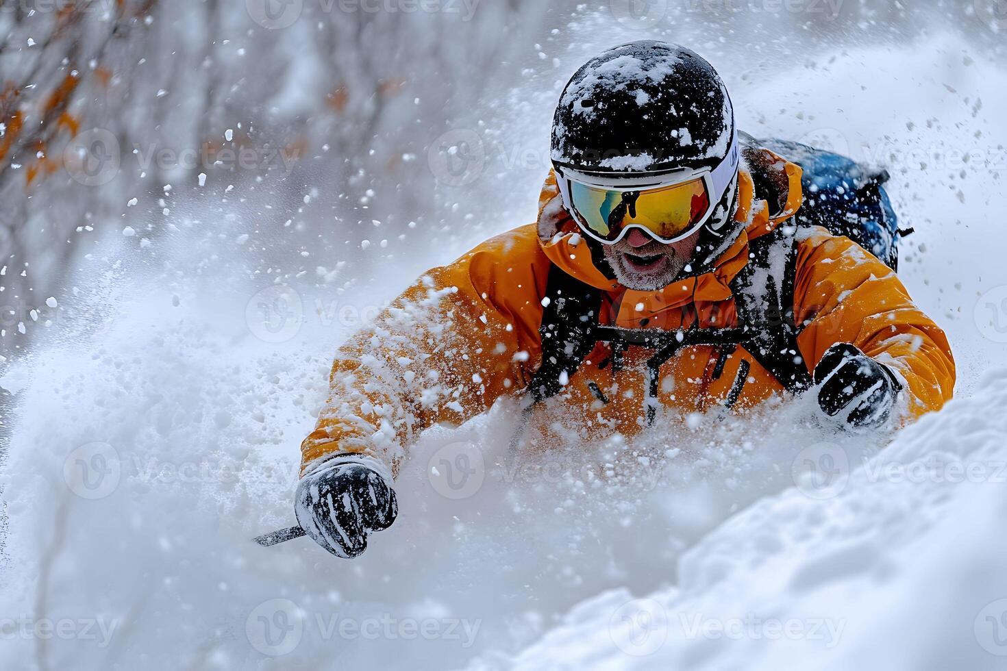 Thrilling Snow Adventure Man Skiing in a Snowstorm with Safety Gear and Reflection Goggles photo