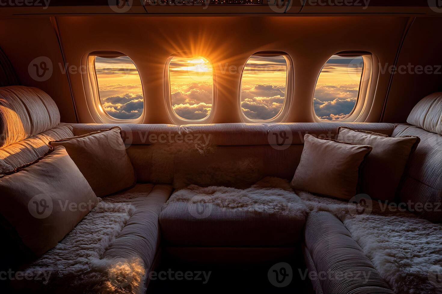 Luxurious Airplane Interior at Sunset for Travel Inspiration and Design photo