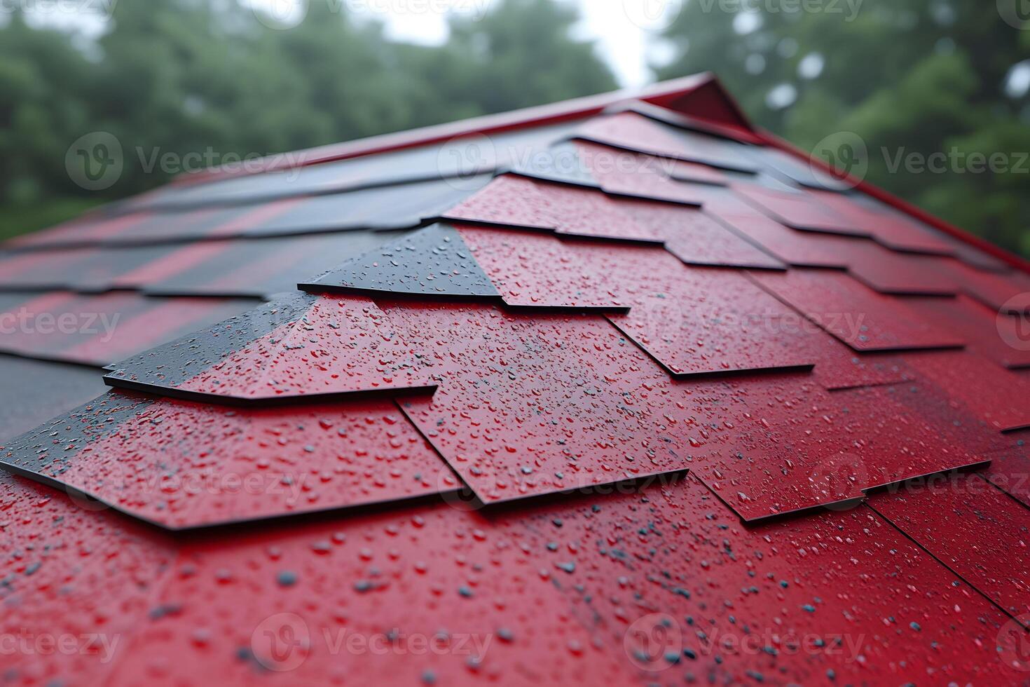 Close-Up of Rain-Drenched Red Roof Shingles in a Forest Setting for Weatherproof Design photo
