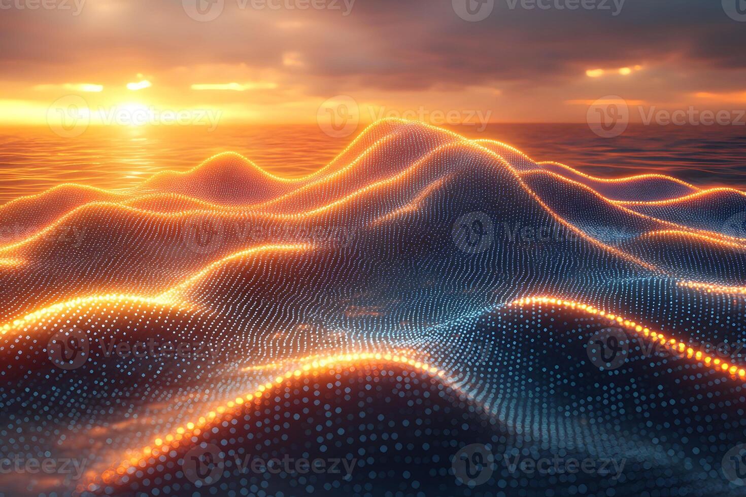 Futuristic Digital Landscape with Glowing Waves at Sunset for Design and Inspiration photo