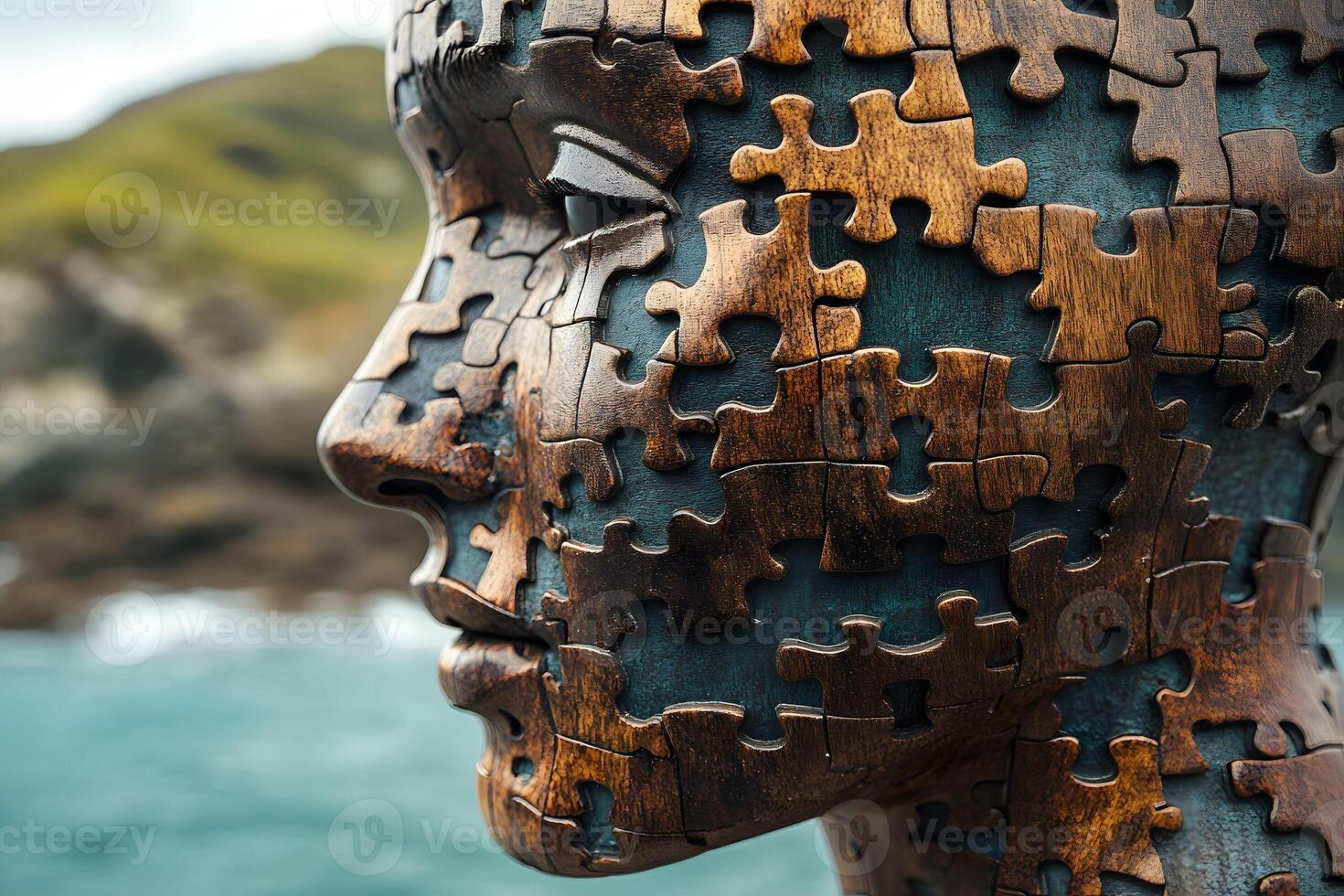 Abstract Puzzle Face Sculpture by the Ocean Art and Nature Fusion photo