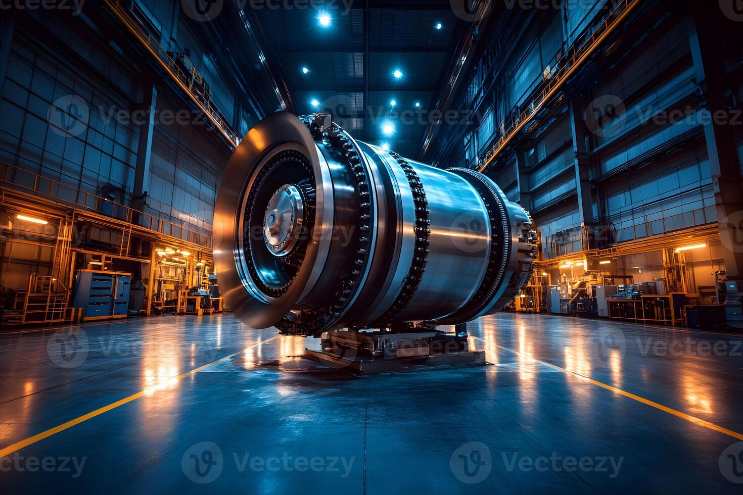 Industrial Powerhouse Turbine in Lit Warehouse for Energy and Technology Concepts photo