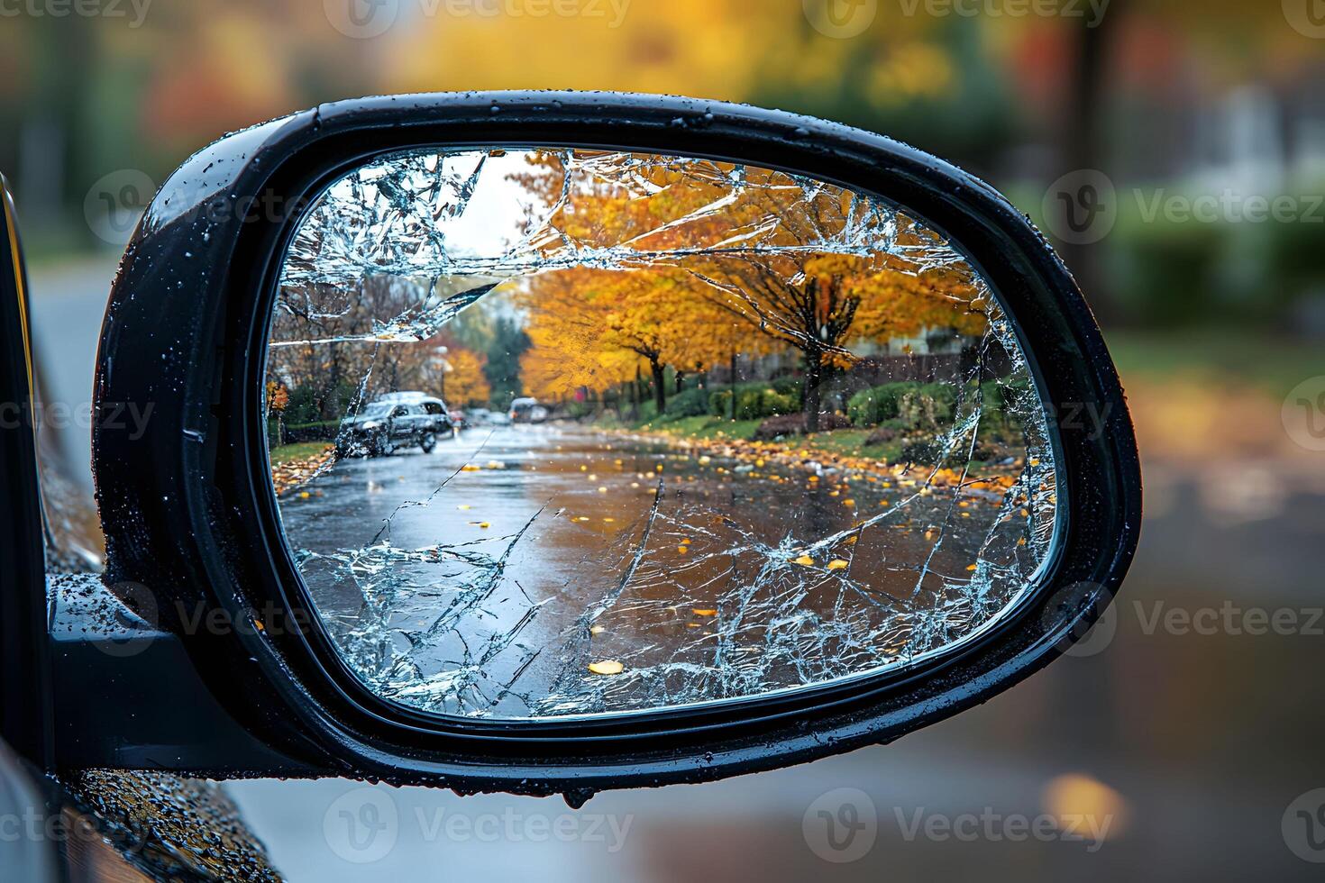 Autumn Reflection in Cracked Side Mirror Seasonal Change and Imperfection Concept photo