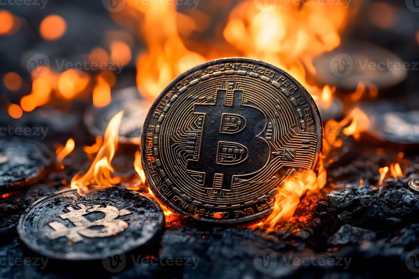 Bitcoin in Flames Symbolic Representation of Cryptocurrency Volatility for Financial Analysis and Editorial Use photo