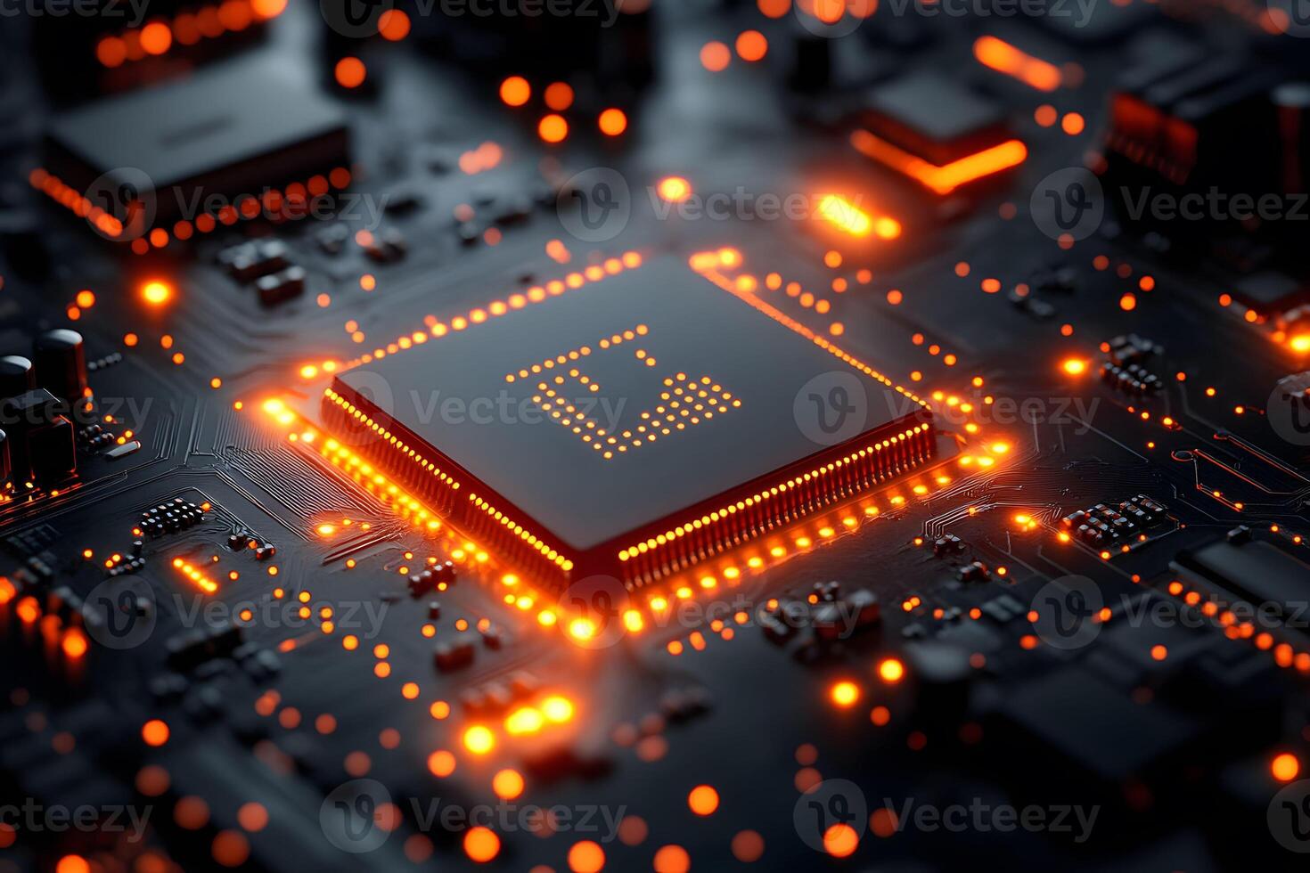 Futuristic Circuit Board with Glowing Orange Microchip for Technology Design photo