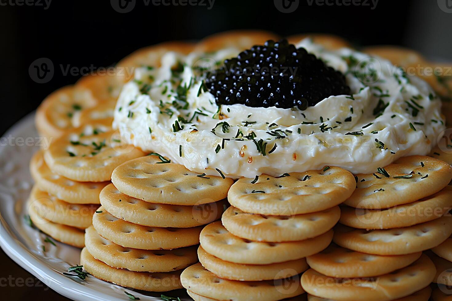 Gourmet Appetizer Platter with Crackers, Cheese Spread, and Black Caviar Garnish photo