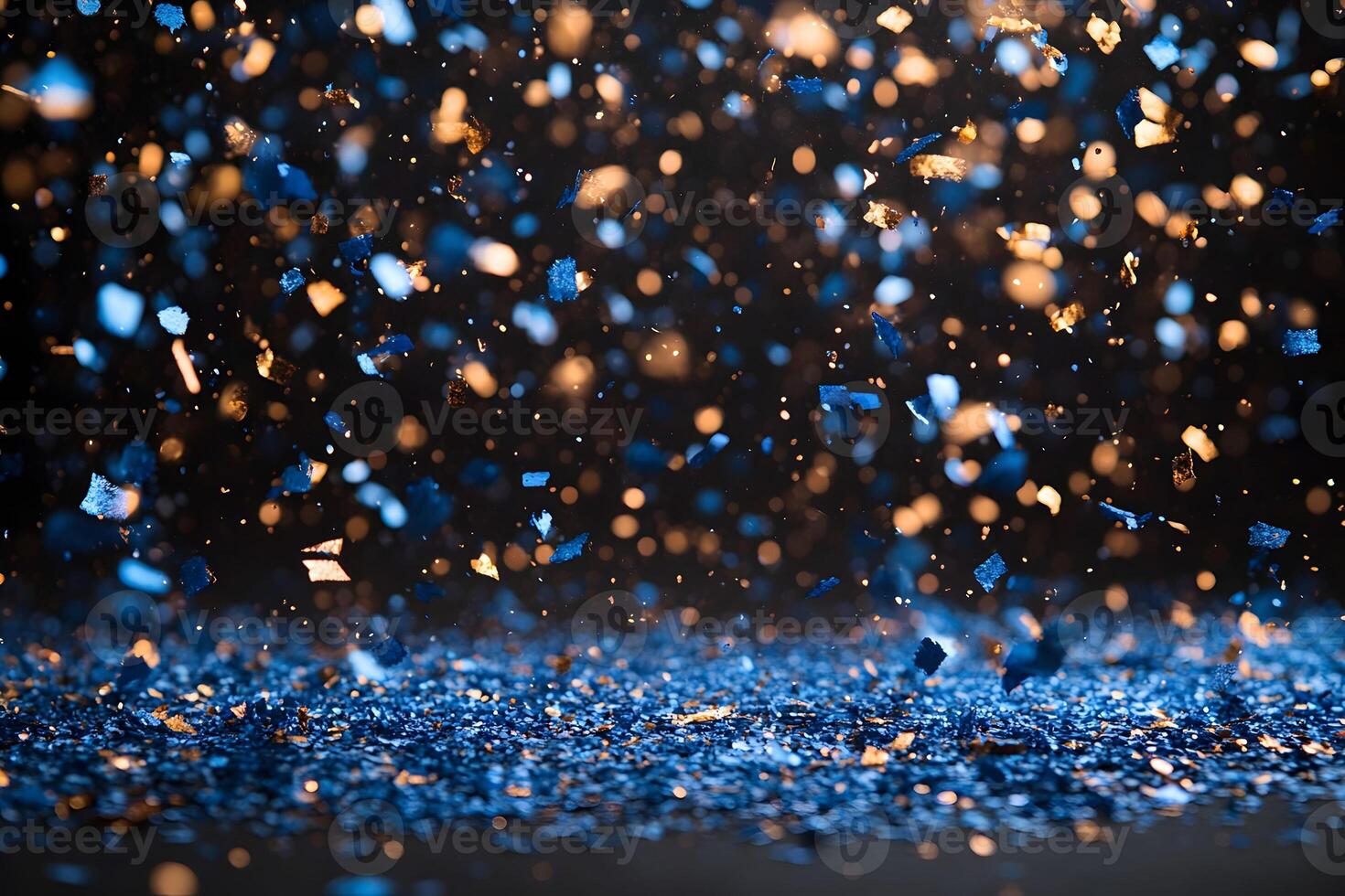Festive Blue and Gold Confetti Falling on Dark Background for Celebration and Party Decor photo