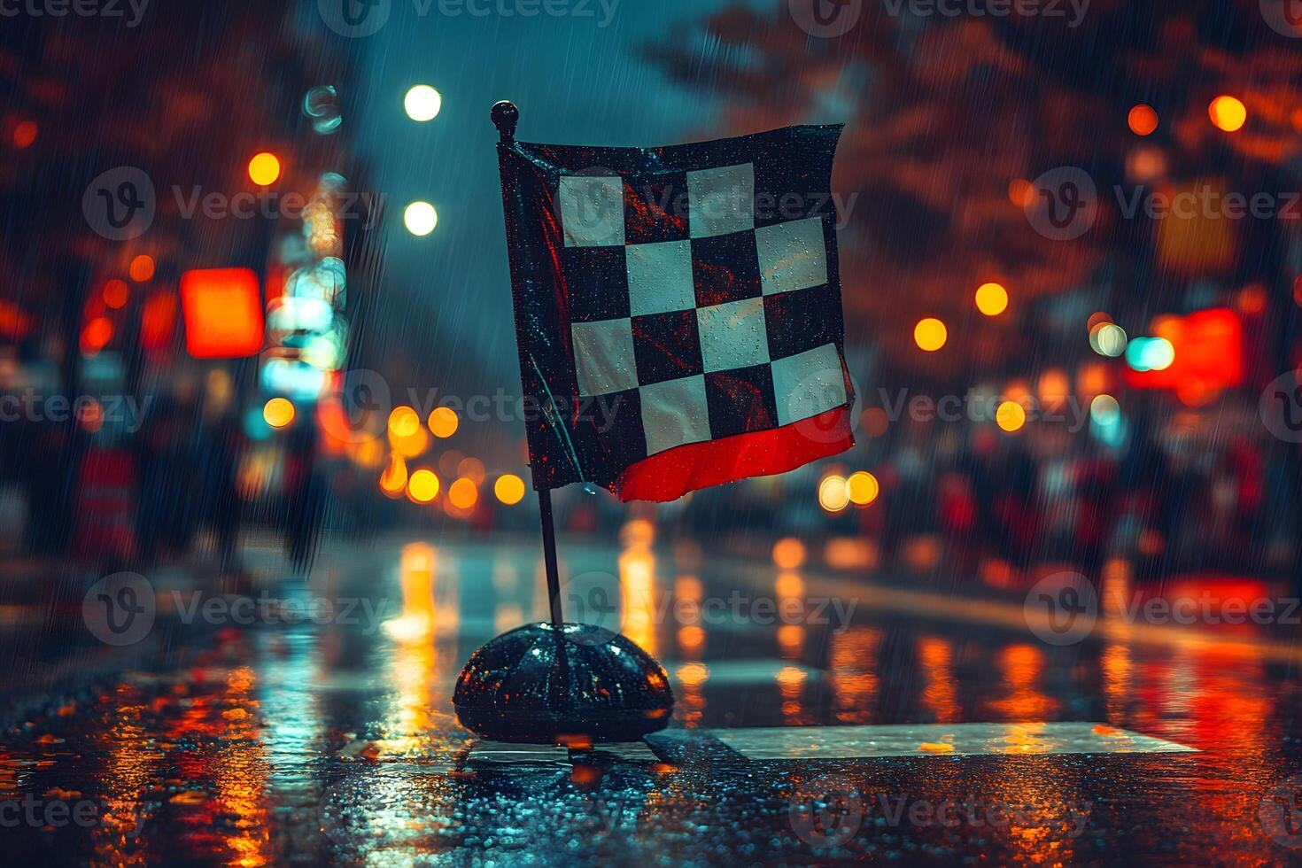 Rainy City Street at Night with Checkered Flag and Reflections Perfect for Posters and Designs photo