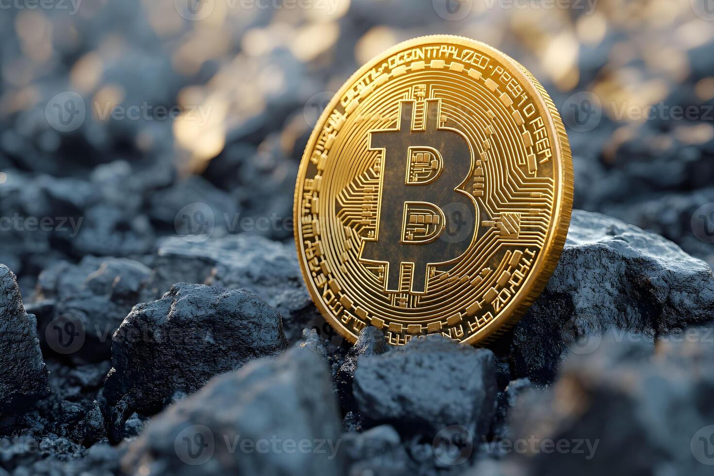 Bitcoin Currency Concept Digital Coin on Rocky Surface for Cryptocurrency Design photo