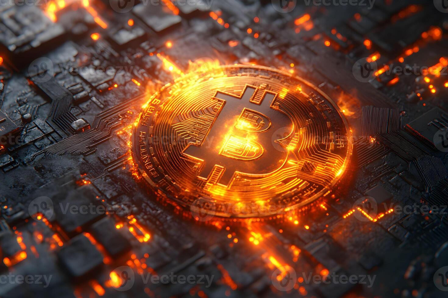 Digital Currency Technology Fiery Bitcoin Symbol on Circuit Board photo