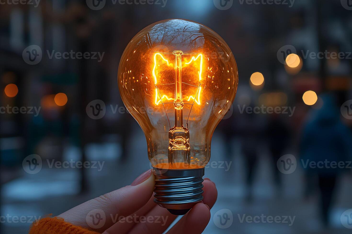 Glowing Light Bulb in Urban Street Scene - Innovation and Creativity Concept photo