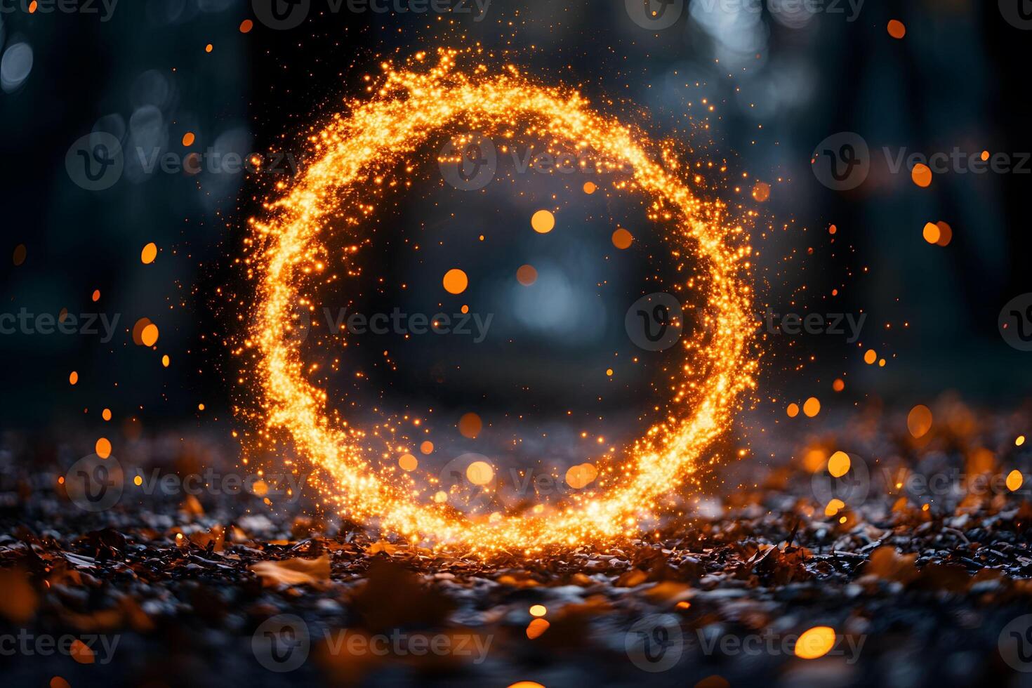 Magical Fiery Circle on Autumn Leaves - Enchanted Design for Artistic Projects photo