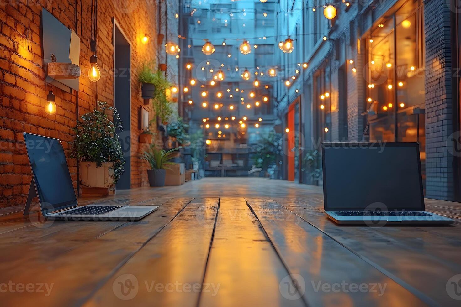 Modern Workspace with Laptops in Stylish Industrial Setting for Creative Collaboration photo